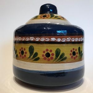 Vintage Rustic Hand Painted Redware Lidded Crock Cobalt Blue Southwestern Style